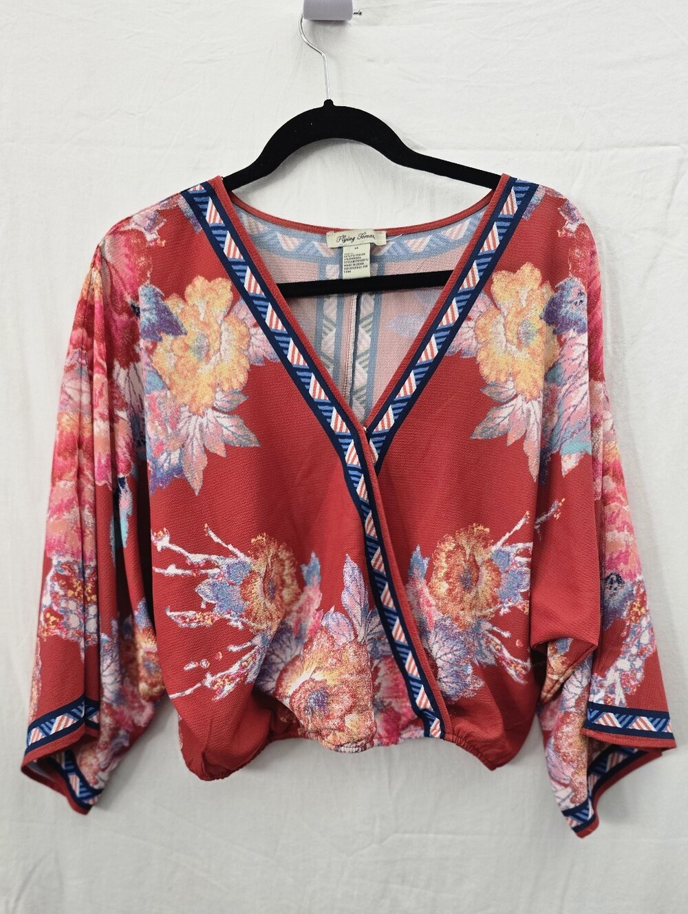 Flying Tomato Boho Floral Wrap Crop Top Red Kimono Sleeve M